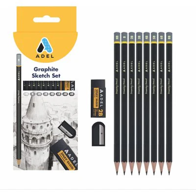 Adel Drawing Set 8 Pencils+Eraser+Sharpener (HB,B,2B,3B,4B,5B,6B,8B)